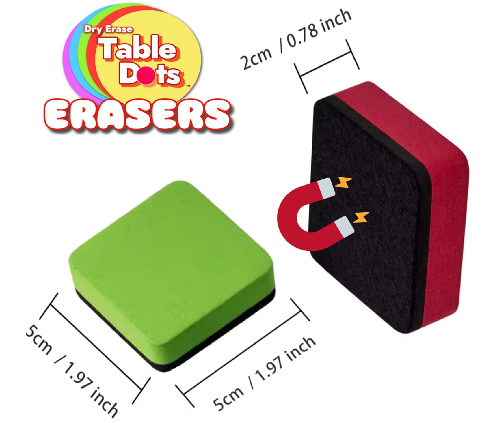 10 Pack Erasers Dry Erase Magnetic, 5 Bright Colors | Use With Table Spots and Table Dots